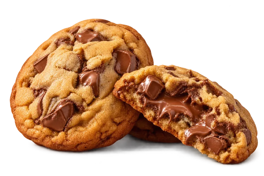 Two soft chocolate cookies, one broken open